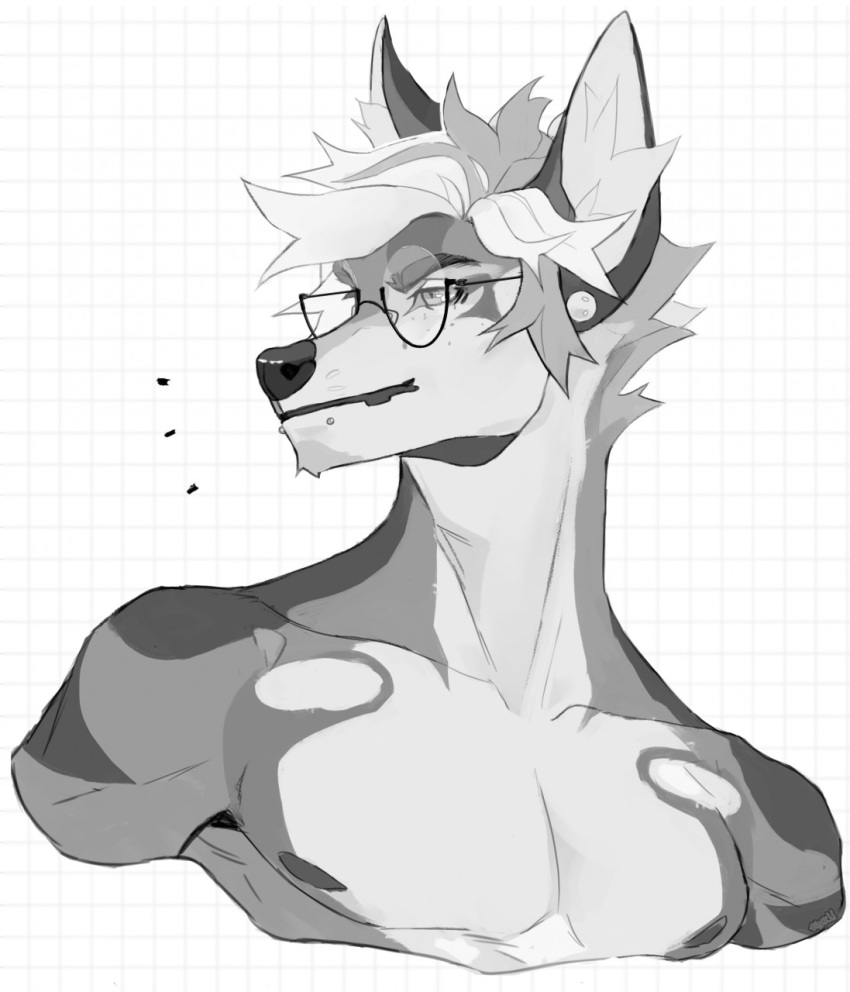 2021 almee anthro black_nose bust_portrait canid canine digital_media_(artwork) eyewear glasses graph_paper hair hi_res male mammal monochrome nipples portrait smile solo