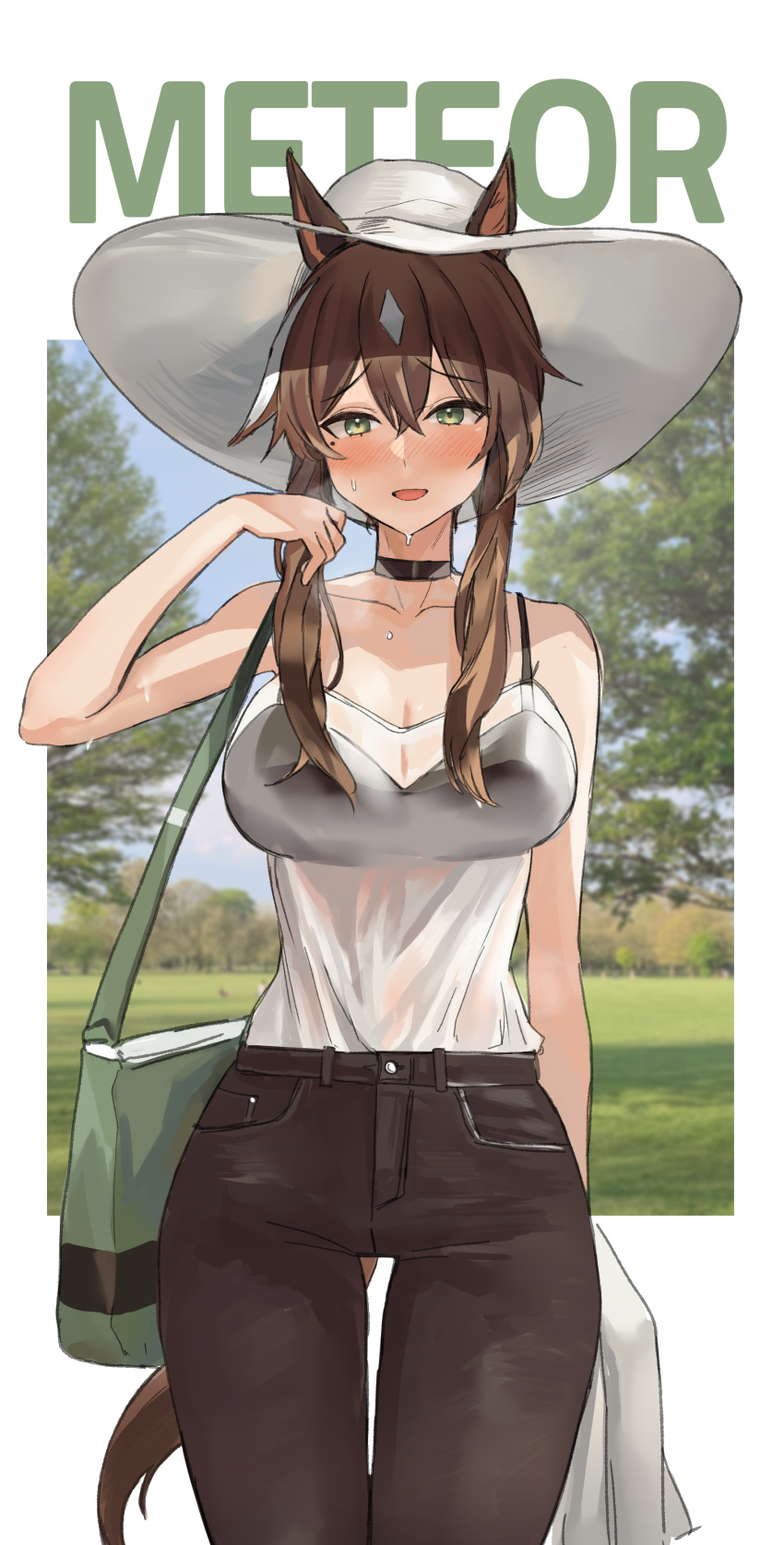 :d absurdres alternate_costume animal_ears arknights arm_up bad_id bad_twitter_id bag bare_shoulders bikini bikini_under_clothes black_bikini blush breasts brown_hair brown_pants character_name cleavage collarbone cowboy_shot doodle_punch ears_through_headwear female green_eyes hat highres horse_ears hot korean_commentary large_breasts long_hair looking_at_viewer meteor_(arknights) multicolored_hair open_mouth pants photo_background see-through short_hair_with_long_locks shoulder_bag sidelocks smile solo streaked_hair sun_hat sweat swimsuit thigh_gap two-tone_hair white_hair white_hat