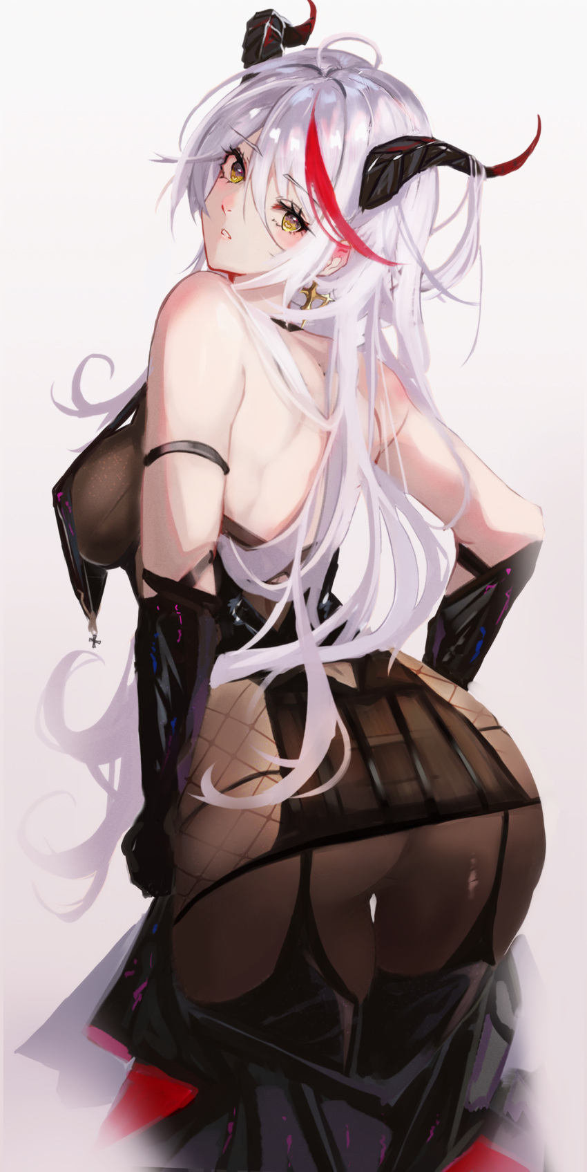 absurdres aegir_(azur_lane) ass azur_lane bare_shoulders black_gloves blush breasts earrings elbow_gloves female from_behind gloves gradient_background hair_between_eyes highres horns jewelry large_breasts long_hair looking_at_viewer looking_back multicolored_hair panipo parted_lips red_hair simple_background solo streaked_hair thighs white_hair yellow_eyes