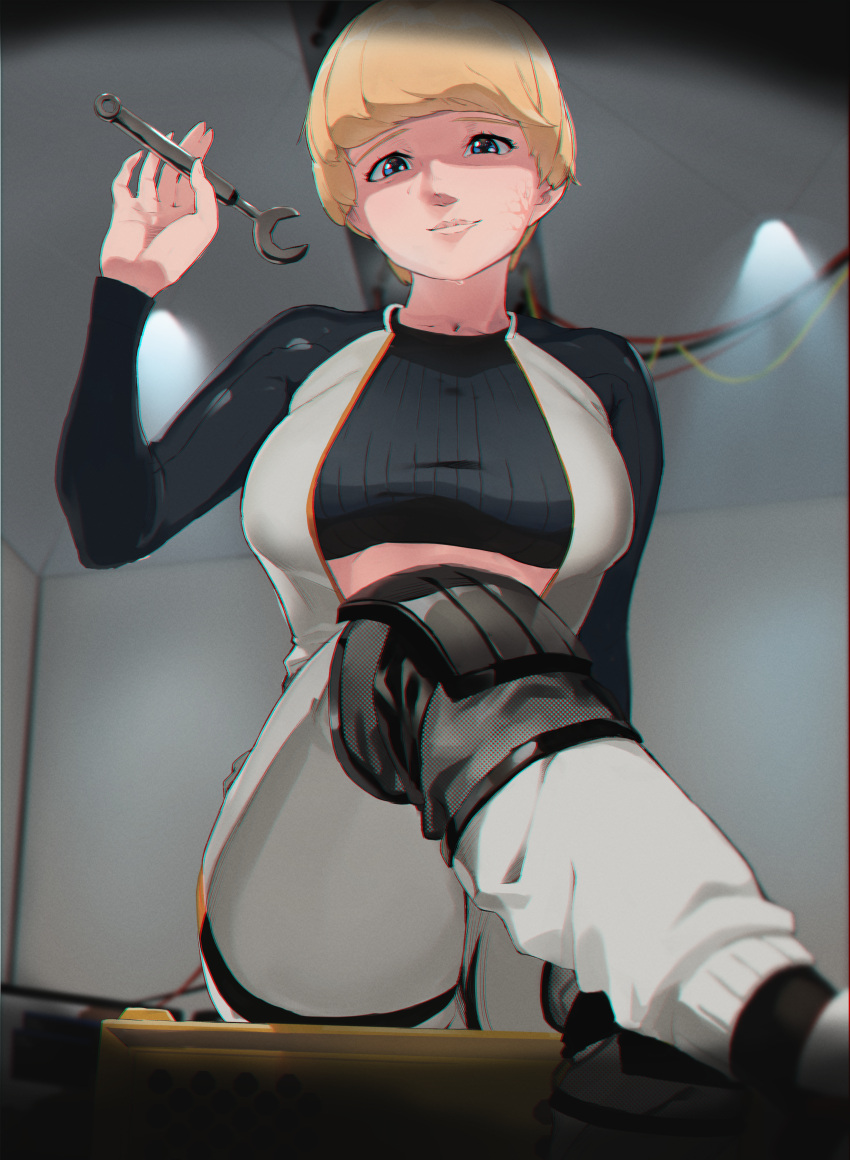 absurdres animification apex_legends black_sweater blonde_hair blue_eyes bodysuit breasts cable cropped_sweater female head_tilt highres holding holding_wrench knee_pads looking_at_viewer medium_breasts scar scar_on_cheek scar_on_face short_sleeves sitting smile solo sweater thigh_strap tora-chan_(taaiger3) wattson_(apex_legends) white_bodysuit wrench