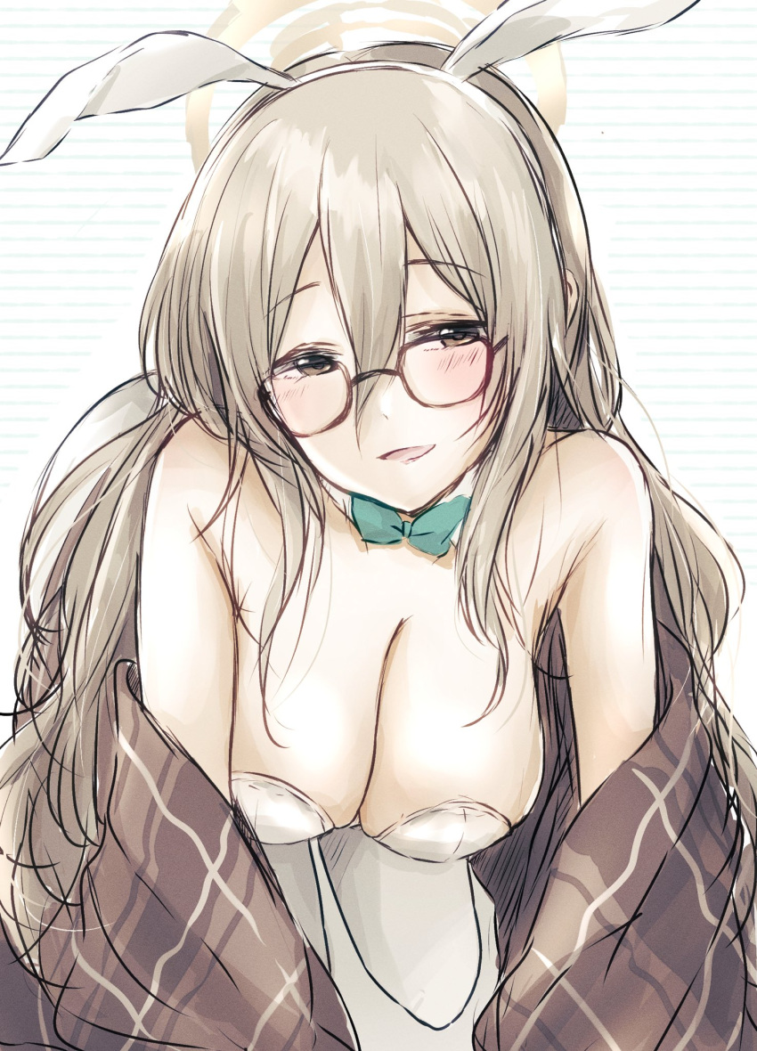 akane_(blue_archive) akane_(bunny)_(blue_archive) animal_ears baran._(ba_ra_ran) blue_archive blush breasts cleavage commentary detached_collar fake_animal_ears female glasses hair_between_eyes halo highres large_breasts leaning_forward leotard light_brown_hair long_hair looking_at_viewer official_alternate_costume plaid_shawl playboy_bunny rabbit_ears rectangular_eyewear shawl smile solo straight_hair strapless strapless_leotard striped striped_background symbol-only_commentary very_long_hair white_leotard