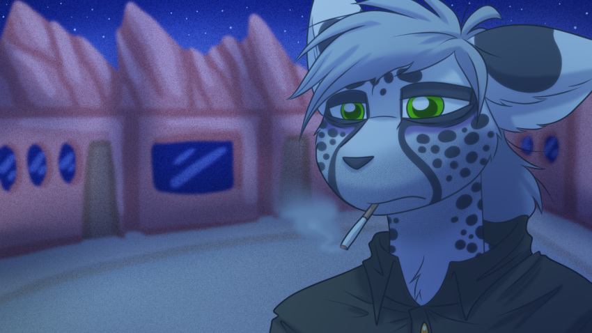 16:9 a_story_with_a_known_end anthro cheetah cigarette clothed clothing felid feline green_eyes grey_hair hair male mammal meme night outside ripli sad sint_(hfd4) solo star street widescreen