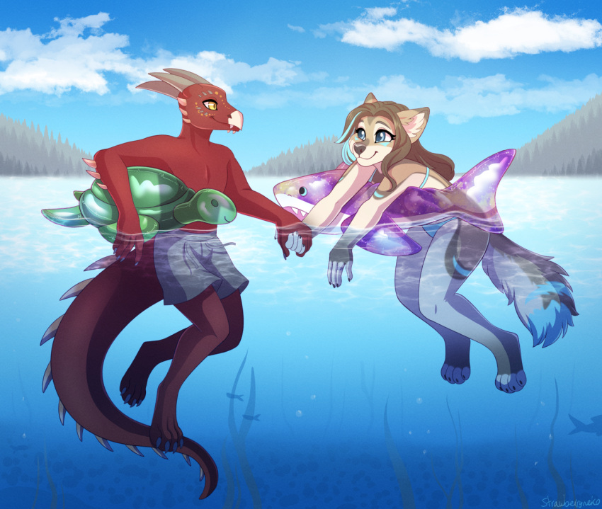 animal_pool_toy anthro arms_bent bent_legs bikini blue_eyes blue_highlights brown_hair canid canine canis claws clothing clothing_cord cloud dragon drawstring drawstring_swimwear duo echo_(echoic) extended_arms female floating fluffy fluffy_tail fully_submerged_legs fully_submerged_tail fur hair half_submerged hand_holding hands_in_water highlights_(coloring) horn inanimate_object inflatable inflatable_ride inflatable_support inflatable_toy lake male male/female mammal mythological_creature mythological_scalie mythology on_pool_toy outside partially_submerged plant pool_toy red_body red_scales romantic romantic_couple scales scalie sky smile strawberryneko submerged_hands submerged_legs submerged_tail swimming_trunks swimwear tail tan_body tan_fur tree water wolf yellow_eyes young