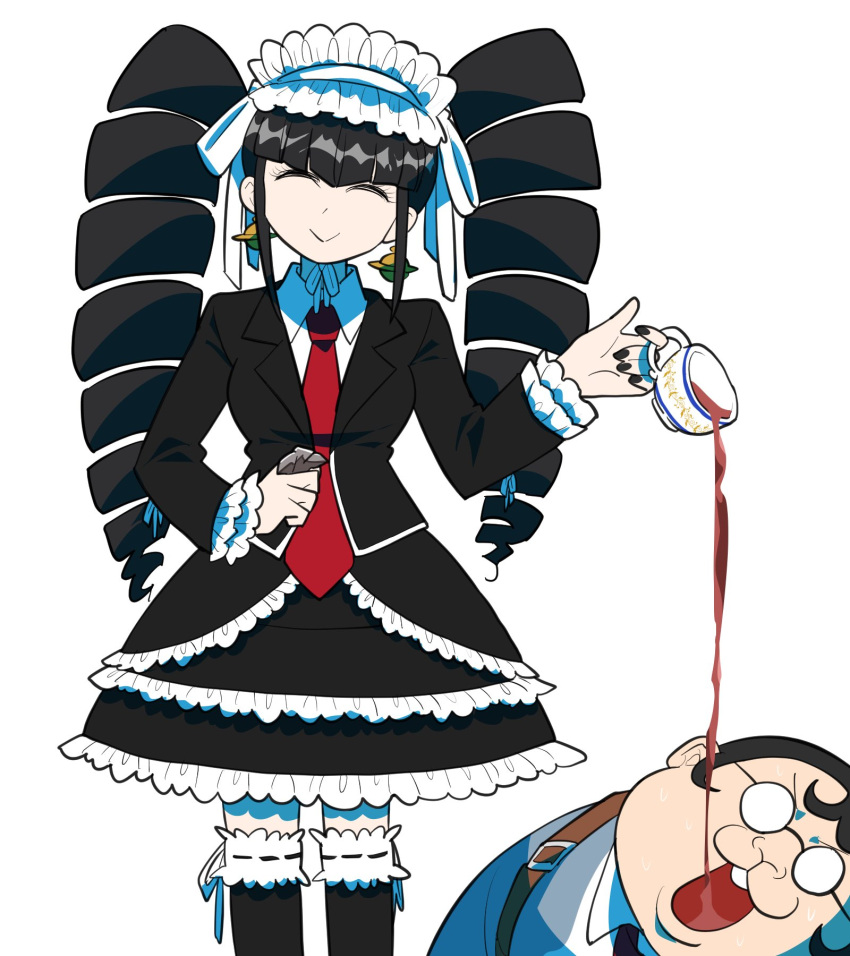 1boy :> bad_id bad_twitter_id black_hair black_jacket black_legwear black_nails black_skirt bonnet brown_hair celestia_ludenberg claw_ring closed_eyes collared_shirt commentary cup danganronpa:_trigger_happy_havoc danganronpa_(series) drill_hair earrings facing_viewer fat fat_man female frills furukawa_(yomawari) glasses gothic_lolita hairband highres holding jacket jewelry kneehighs lolita_fashion long_hair nail_polish necktie red_necktie round_eyewear shirt short_hair simple_background skirt smile socks spilling standing tea teacup thighhighs twin_drills twintails very_short_hair white_background yamada_hifumi