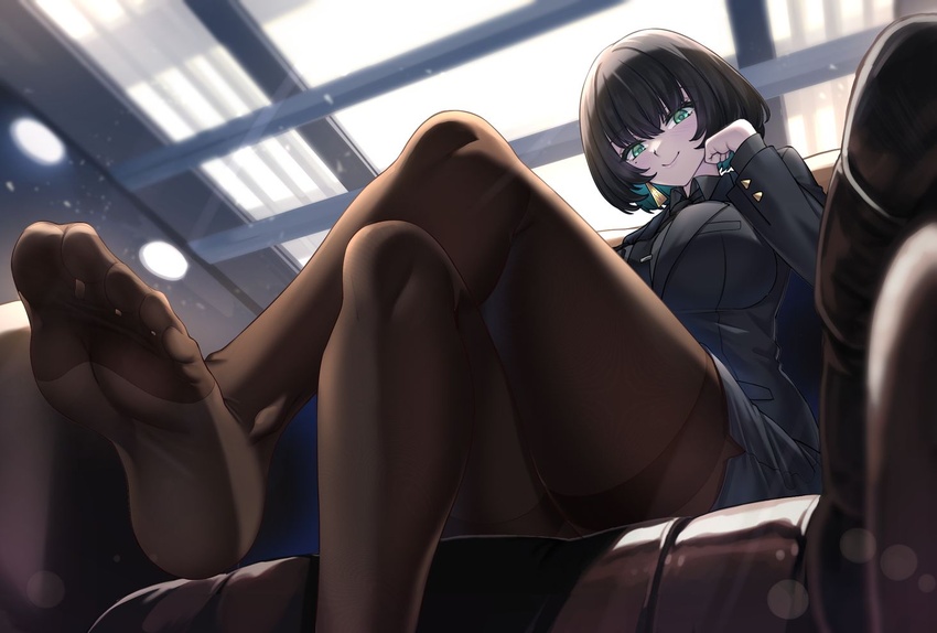 allmind_(armored_core_6) aqua_hair armored_core armored_core_6 black_hair black_suit blush breasts business_suit colored_inner_hair commentary_request couch crossed_legs earrings feet female foot_focus jewelry large_breasts legs multicolored_hair no_shoes office_lady pantyhose pencil_skirt personification shirokuma_a sitting skirt smile soles suit toes triangle_earrings uniform