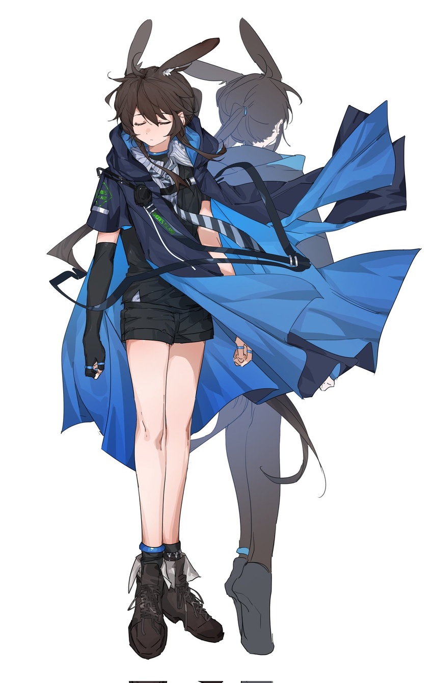 2girls amiya_(act_2)_(arknights) amiya_(arknights) animal_ear_fluff animal_ears ankle_boots anklet arknights back-to-back bare_legs black_footwear black_gloves black_legwear black_necktie black_shorts blue_cape boots brown_hair cape closed_eyes closed_mouth dual_persona fingerless_gloves full_body gloves highres jewelry long_hair messy_hair molu_stranger multiple_girls multiple_rings necktie official_alternate_costume pantyhose ponytail rabbit_ears ring short_hair short_shorts shorts simple_background single_glove standing striped_necktie white_background