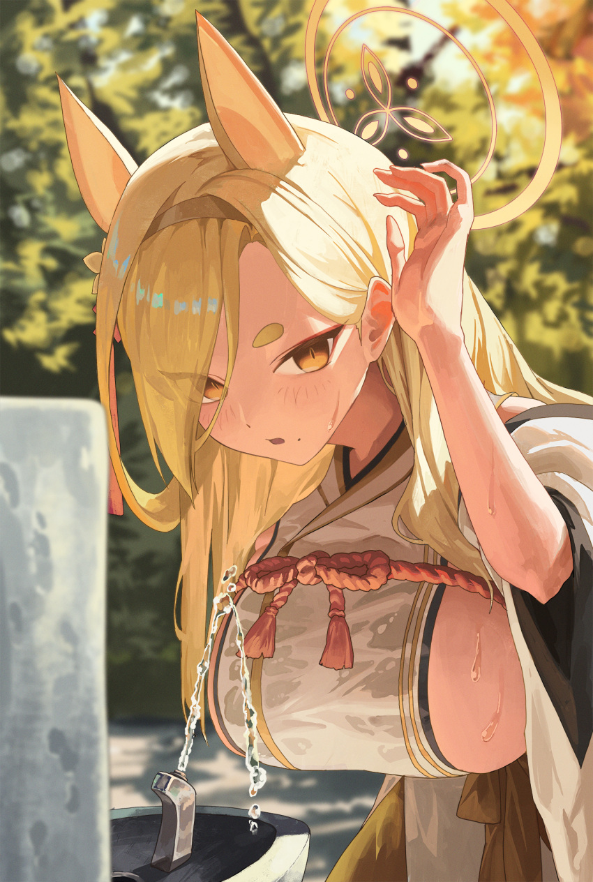 animal_ears bent_over blonde_hair blue_archive blurry blurry_background blush breasts commentary depth_of_field detached_sleeves drinking_fountain extra_ears female fox_ears hair_over_one_eye hairband halo hanging_breasts highres japanese_clothes kaho_(blue_archive) kimono large_breasts long_hair looking_at_viewer m.q_(mqkyrie) mole mole_under_mouth motion_blur orange_halo outdoors short_eyebrows sideboob sideless_kimono sleeveless sleeveless_kimono solo sweat thick_eyebrows tree water wet white_kimono wide_sleeves yellow_hairband yellow_halo