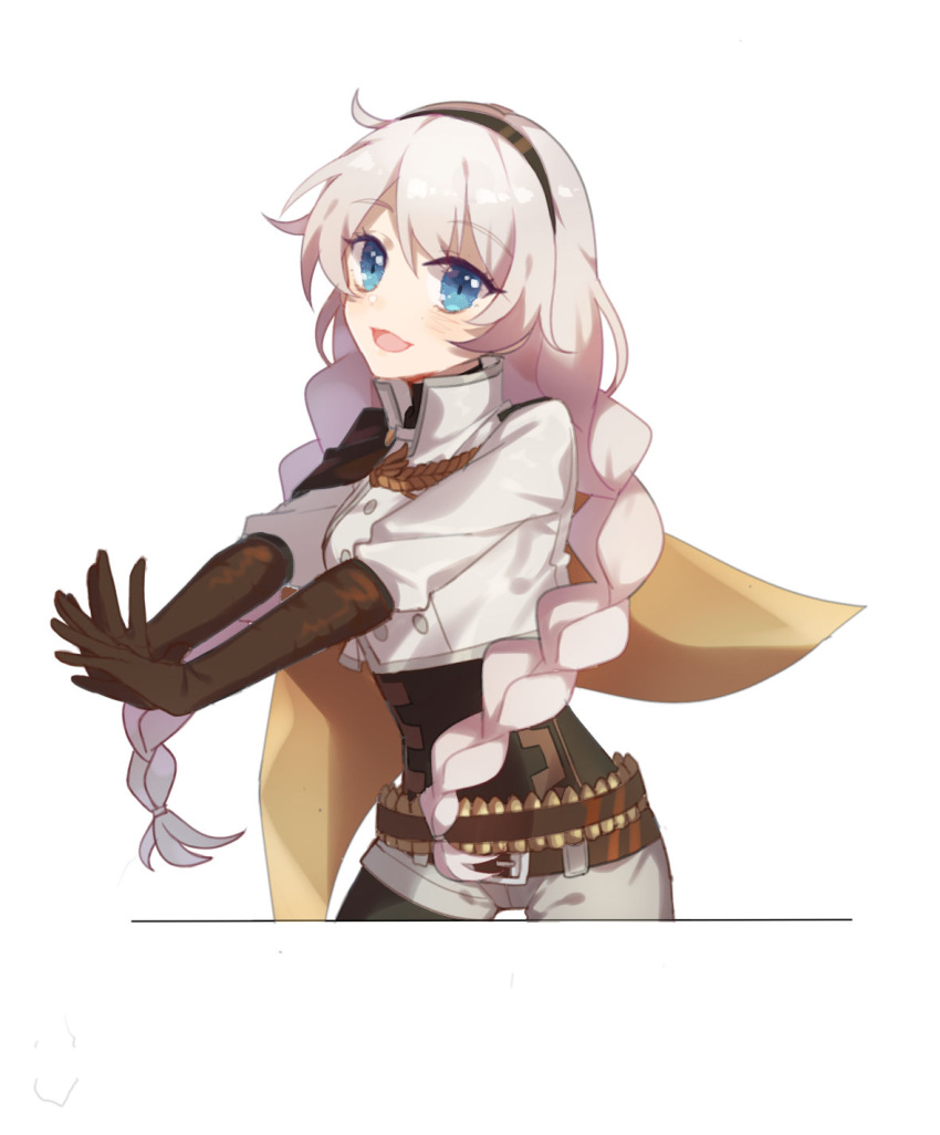 :d ammunition_belt belt belt_buckle blue_eyes boots braid brown_cape brown_footwear brown_gloves buckle bullet cape female gloves grey_shorts headband highres honkai_(series) honkai_impact_3rd idass_(idass16) jacket kiana_kaslana kiana_kaslana_(valkyrie_ranger) long_hair long_sleeves looking_at_viewer open_mouth shorts simple_background smile solo thigh_boots thighhighs twin_braids white_background white_hair white_jacket