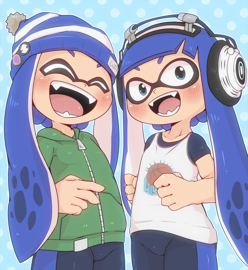 2girls absurdres badge beanie bike_shorts black_undershirt blue_background blue_eyes blue_headwear blush bobble-chan_(splatoon) button_badge clenched_hands closed_eyes collarbone doneru green_hoodie hat headphone-chan_(splatoon) headphones highres hood hood_down hoodie inkling inkling_girl inkling_player_character laughing long_hair multiple_girls open_mouth polka_dot polka_dot_background sharp_teeth skirt splatoon_(manga) splatoon_(series) tank_top teeth tentacle_hair white_skirt zipper