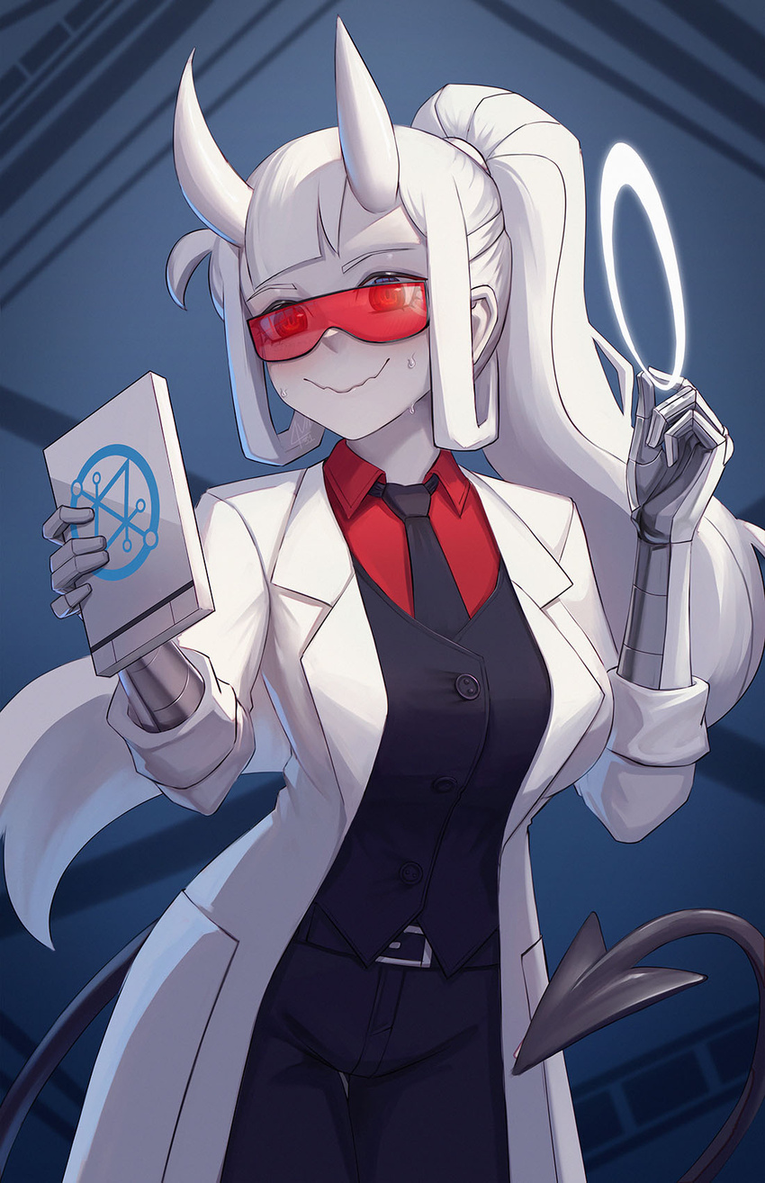 bad_id bad_pixiv_id breasts clipboard closed_mouth coat commentary cowboy_shot demon_girl demon_tail english_commentary female formal goggles halo helltaker highres holding holding_halo horns lab_coat lerio_(leriodraws) long_hair long_sleeves looking_at_viewer loremaster_(helltaker) necktie open_clothes open_coat pale_skin pants ponytail red_shirt shirt smile solo standing suit sweat tail tinted_eyewear white_coat white_hair white_horns