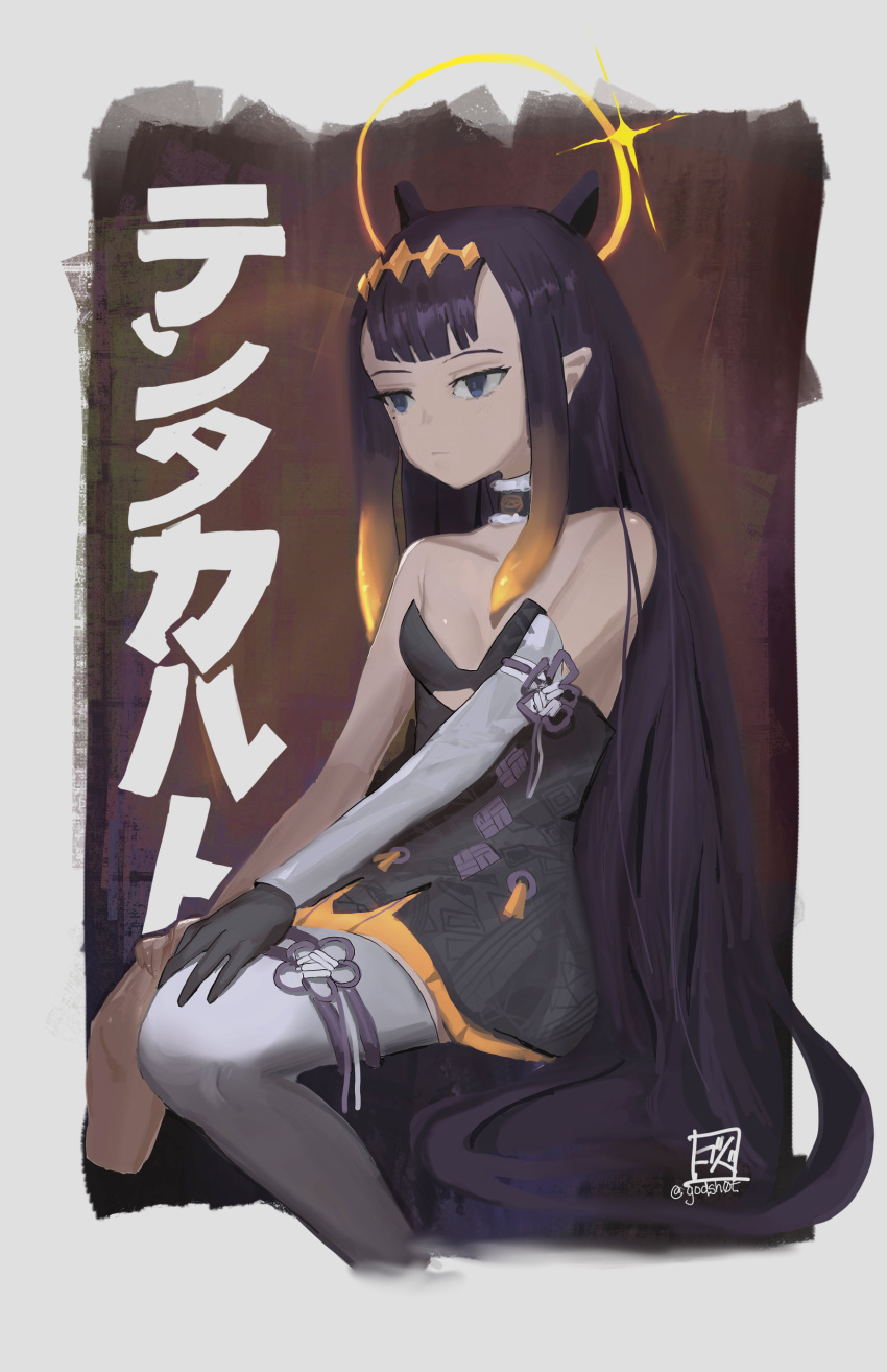 absurdres bare_shoulders black_eyes black_gloves black_hair blunt_bangs breasts choker elbow_gloves female gloves godsh0t gradient_hair halo highres hololive hololive_english long_hair mole mole_under_eye multicolored_hair ninomae_ina'nis ninomae_ina'nis_(1st_costume) orange_hair pointy_ears sidelocks small_breasts solo tentacle_hair translated very_long_hair virtual_youtuber white_legwear