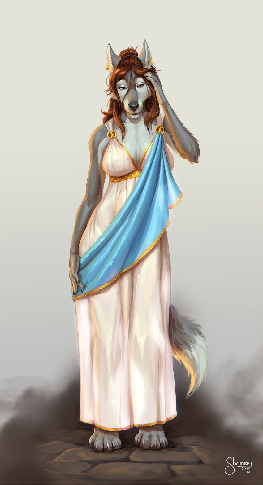 2019 anthro barefoot breasts brown_hair canid canine canis cleavage clothed clothing dipstick_tail dress ear_piercing ear_ring feet female fur gold_(metal) gold_jewelry grey_body grey_fur hair hand_in_hair hand_on_head hi_res jewelry looking_aside mammal markings multicolored_body multicolored_fur multicolored_tail piercing priscilla_(zilch1998) ring_piercing roman roman_clothing sash shamerli solo standing tail tail_markings touching_hair two_tone_body two_tone_fur white_body white_clothing white_dress white_fur wolf zilch1998