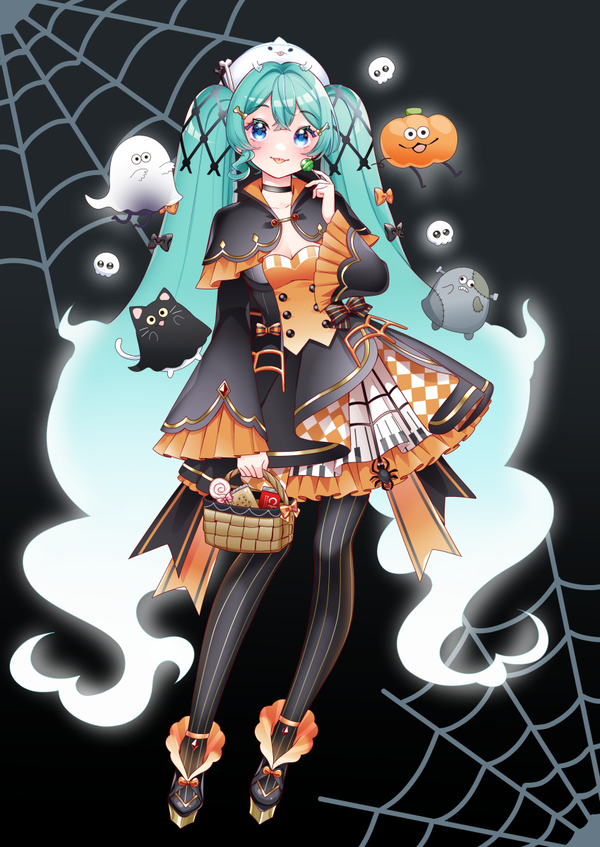 absurdres ankle_strap argyle_clothes argyle_dress basket blue_eyes blue_hair blush bone_hair_ornament bow breasts bug candy capelet choker cleavage dress feline female food footwear_bow frilled_dress frilled_sleeves frills full_body ghost gradient_hair hair_ornament halloween hat hatsune_miku highres holding holding_basket holding_candy holding_food holding_lollipop jack-o'-lantern layered_dress lollipop long_hair long_sleeves looking_at_viewer masumofu multicolored_hair pantyhose pumpkin silk smile solo spider spider_web spider_web_print striped_clothes striped_pantyhose tongue tongue_out twintails vertical-striped_clothes vertical-striped_pantyhose very_long_hair vocaloid white_hair