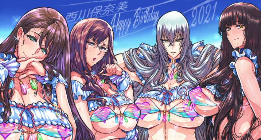 2021 4girls bikini black_hair blunt_bangs breasts brown_eyes brown_hair character_name collarbone commentary_request covered_nipples frilled_cuffs frills glasses green_eyes grey_hair hair_between_eyes hand_up hands_up happy_birthday heart_pasties highres idolmaster idolmaster_cinderella_girls jewelry kurokawa_chiaki large_breasts long_hair looking_at_viewer multiple_girls nishikawa_honami open_mouth own_hands_clasped own_hands_together pasties purple_eyes red_ribbon ribbon rimless_eyewear see-through sideboob smile sweat swimsuit takamine_noa upper_body warainaku yagami_makino