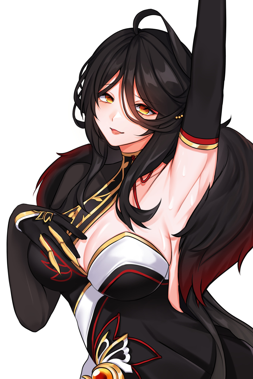 absurdres ahoge ara_haan arm_up armpits black_dress black_gloves black_hair breasts cleavage commentary devi_(elsword) dress elbow_gloves elsword eyeshadow feather_boa female gloves hand_on_own_chest highres large_breasts lips long_hair looking_at_viewer makeup orange_eyes pink_lips red_eyeshadow sidelocks simple_background sindellnwza smile solo sweat white_background