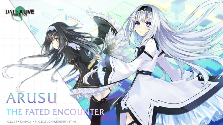 2girls arusu_maria arusu_marina black_dress black_hair black_hairband black_legwear blue_eyes closed_mouth date_a_live date_a_live:_spirit_pledge dress hairband long_hair long_sleeves looking_at_viewer multiple_girls official_art open_mouth smile white_dress white_hair white_hairband yellow_eyes