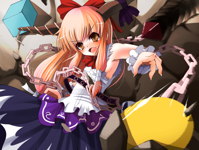 armpits ball_and_chain_restraint belt blue_bow blue_skirt blush bow breasts brown_eyes chains commentary_request cube doburoku_(daiginjou) fangs female fingernails frilled_cuffs hairbow horn_bow horn_ornament horns ibuki_suika incoming_attack long_hair motion_blur motion_lines neckerchief oni orange_hair pointing pointing_at_viewer pyramid_(geometry) red_bow red_neckerchief shadow sharp_fingernails shirt sideboob sidelocks skirt sleeveless sleeveless_shirt slit_pupils small_breasts solo split_mouth tongue torn_clothes torn_sleeves touhou v-shaped_eyebrows white_nails white_shirt white_wrist_cuffs wrist_cuffs