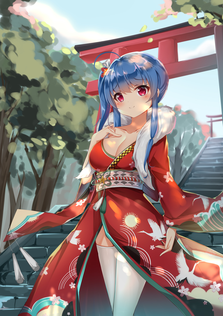 absurdres ahoge azur_lane bad_id bad_pixiv_id blue_hair blush breasts catnnn chinese_commentary cleavage collarbone commentary_request female fur_trim hair_ornament hand_on_own_chest highres japanese_clothes kimono large_breasts long_hair looking_at_viewer obi official_alternate_costume outdoors partial_commentary purple_eyes red_kimono revision sash sidelocks smile st._louis_(azur_lane) st._louis_(spirits_in_the_snow)_(azur_lane) stairs temple thighhighs tree white_thighhighs