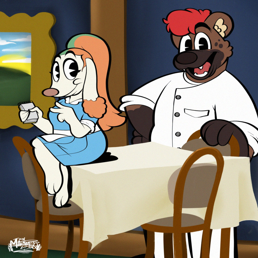 1:1 anthro ass bear bent_arm big_butt black_eyes breasts brown_body brown_fur brown_nose canid canine canis chair chef chef_uniform clothed clothing diner domestic_dog duo ear_tuft facial_markings female fully_clothed fully_clothed_female fully_clothed_male fur furniture green_hair hair hair_up head_markings hi_res highlights_(coloring) holding_note_pad hybrid hyena inner_ear_fluff larger_male mabramstoons male male/female mammal manna-mint markings mr.hakkai note_pad orange_hair painting pink_nose poodle red_hair restaurant rubberhose size_difference slightly_chubby slightly_chubby_female smaller_female smile smiling_at_viewer split_color split_color_hair table tablecloth tied_hair tuft waiter waitress_uniform white_body white_fur wide_hips