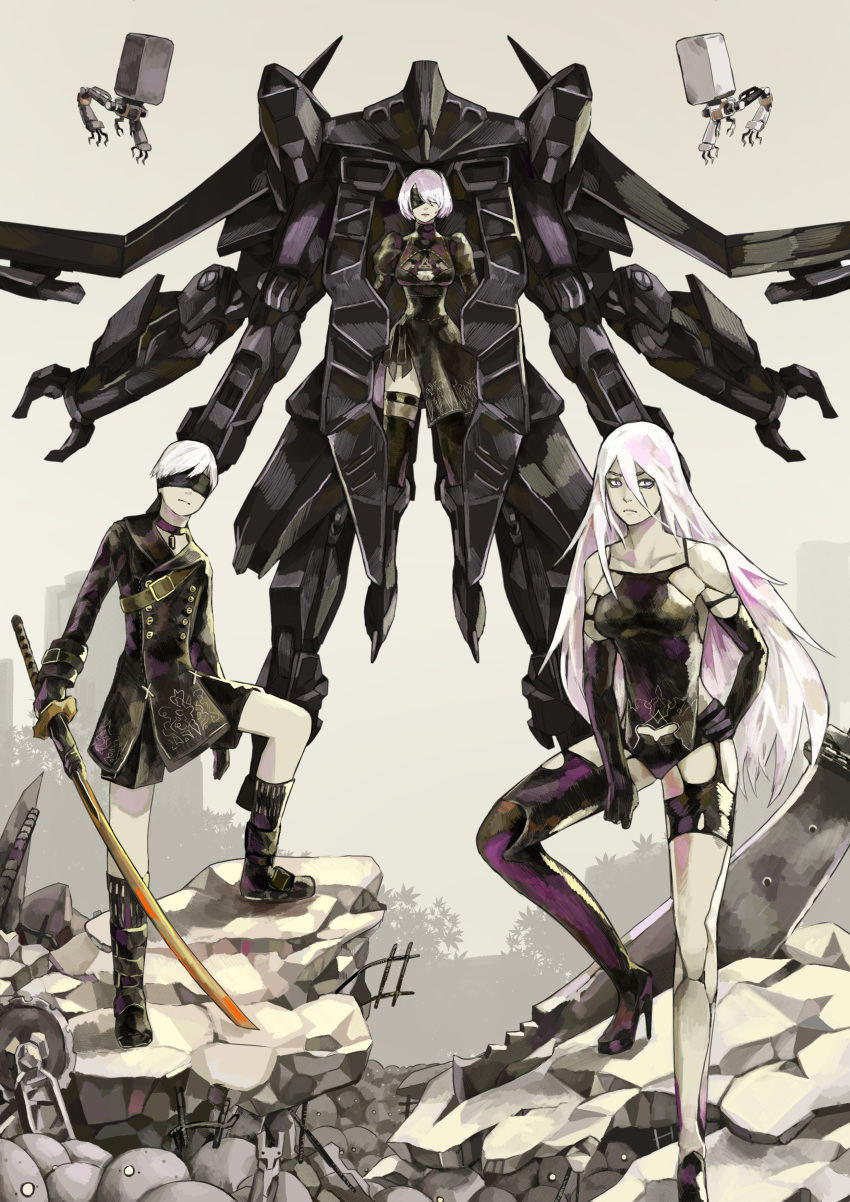 1boy 2b_(nier:automata) 2girls 9s_(nier:automata) a2_(nier:automata) absurdres android bare_shoulders black_blindfold black_choker black_footwear black_hairband black_legwear black_shorts blindfold breasts building choker cleavage cleavage_cutout clothing_cutout greatsword grey_sky hair_between_eyes hairband hand_on_own_hip highres holding holding_sword holding_weapon katana long_hair mecha mole mole_under_mouth multiple_girls nier:automata nier_(series) outdoors planted planted_sword pod_(nier:automata) purple_eyes robot rock rubble ruins short_hair shorts silhouette sky subakeye sword tree weapon white_hair