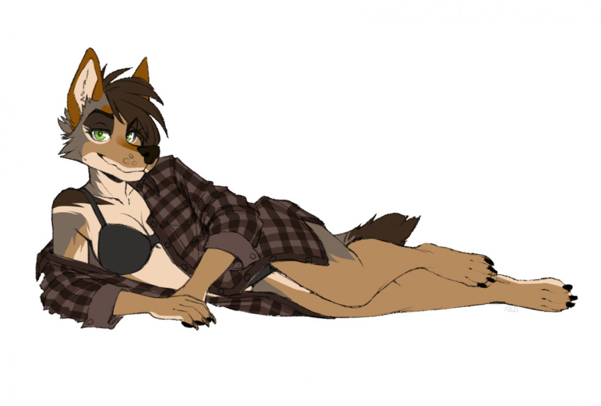 anthro bra canid canine canis clothed clothing coyote female flannel flannel_shirt knucklebone lingerie mammal pinup pose sahara_(nicnak044) solo underwear