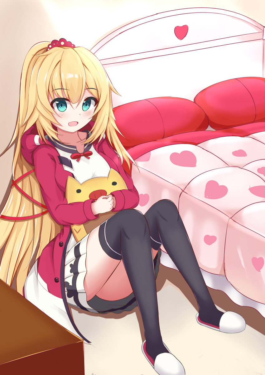 absurdres akai_haato akai_haato_(casual) aqua_eyes bed bedroom black_thighhighs blonde_hair cardigan collarbone collared_shirt commentary_request female haaton_(akai_haato) highres hololive juiceneko knees_up long_hair looking_at_viewer neck_ribbon official_alternate_costume official_alternate_hairstyle open_mouth pleated_skirt red_cardigan red_ribbon ribbon shirt sidelocks sitting skirt slippers smile solo stuffed_animal stuffed_toy thighhighs very_long_hair virtual_youtuber white_shirt white_skirt