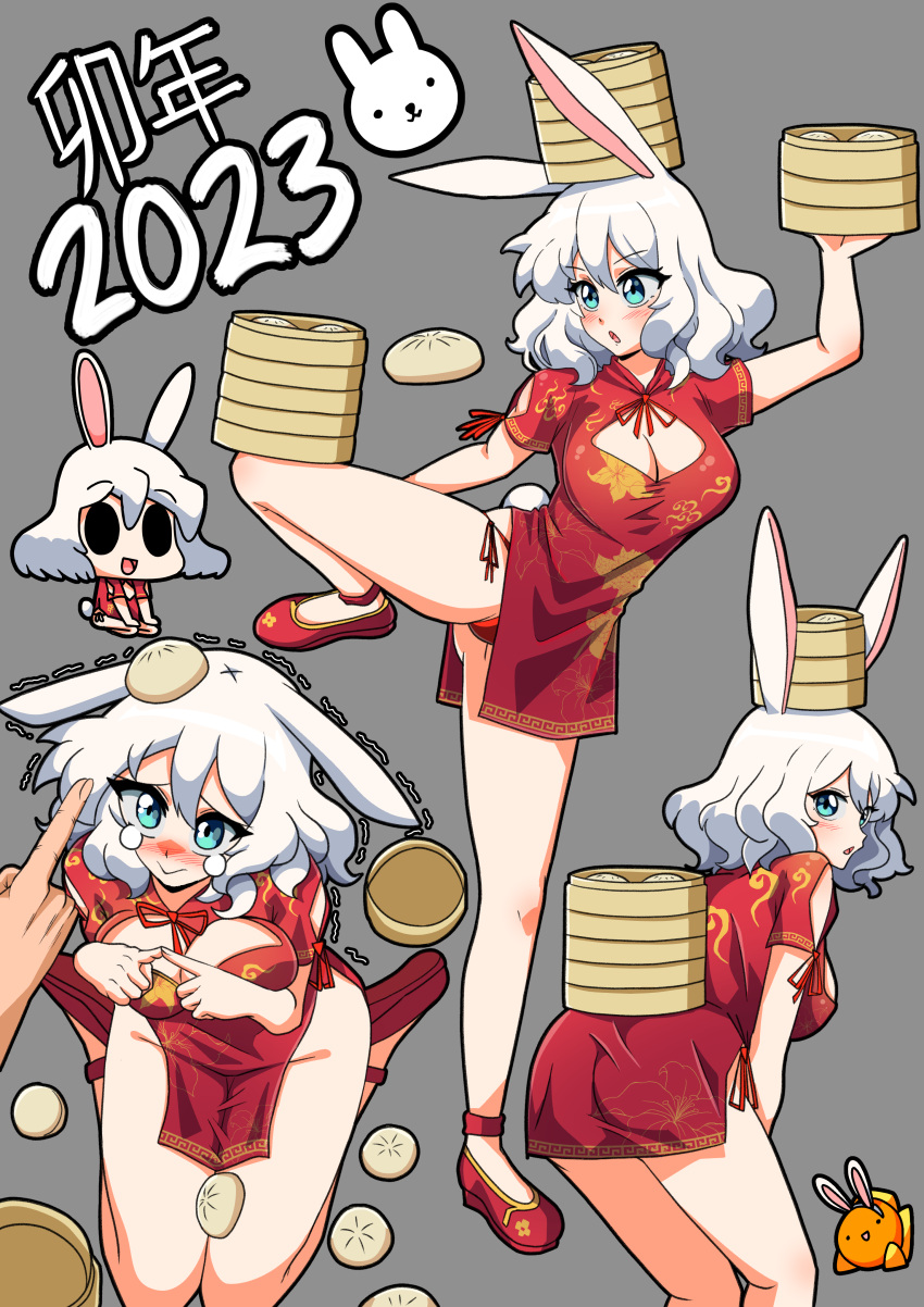 2023 absurdres acefish animal_ears ass balancing balancing_on_head bamboo_steamer baozi bare_legs blush breasts china_dress chinese_clothes chinese_zodiac cleavage cleavage_cutout clothing_cutout commentary dress english_commentary failure female food highres index_fingers_together large_breasts leaning_forward mary_(acefish) multiple_views original panties rabbit_ears rabbit_girl red_dress red_footwear red_panties scolding standing standing_on_one_leg tearing_up trembling underwear white_hair year_of_the_rabbit