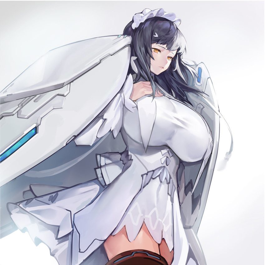 blue_hair breasts commentary cowboy_shot dark_blue_hair dress female hand_on_own_chest highres huge_breasts impossible_clothes impossible_dress jam_(nandade) last_origin long_hair looking_down maid_headdress parted_lips simple_background snow_feather_(last_origin) solo thighhighs thighs white_background white_dress wings yellow_eyes