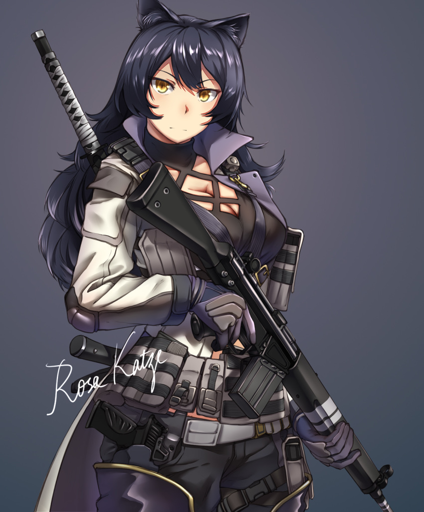 animal_ears artist_name assault_rifle battle_rifle black_hair blake_belladonna breasts cat_ears cat_girl cleavage cowboy_shot female gloves grey_background gun h&k_g3 hair_between_eyes handgun highres holding holding_gun holding_weapon holster holstered large_breasts long_hair looking_at_viewer magazine_(weapon) rifle rosa_katze rwby simple_background solo standing sword watermark weapon yellow_eyes