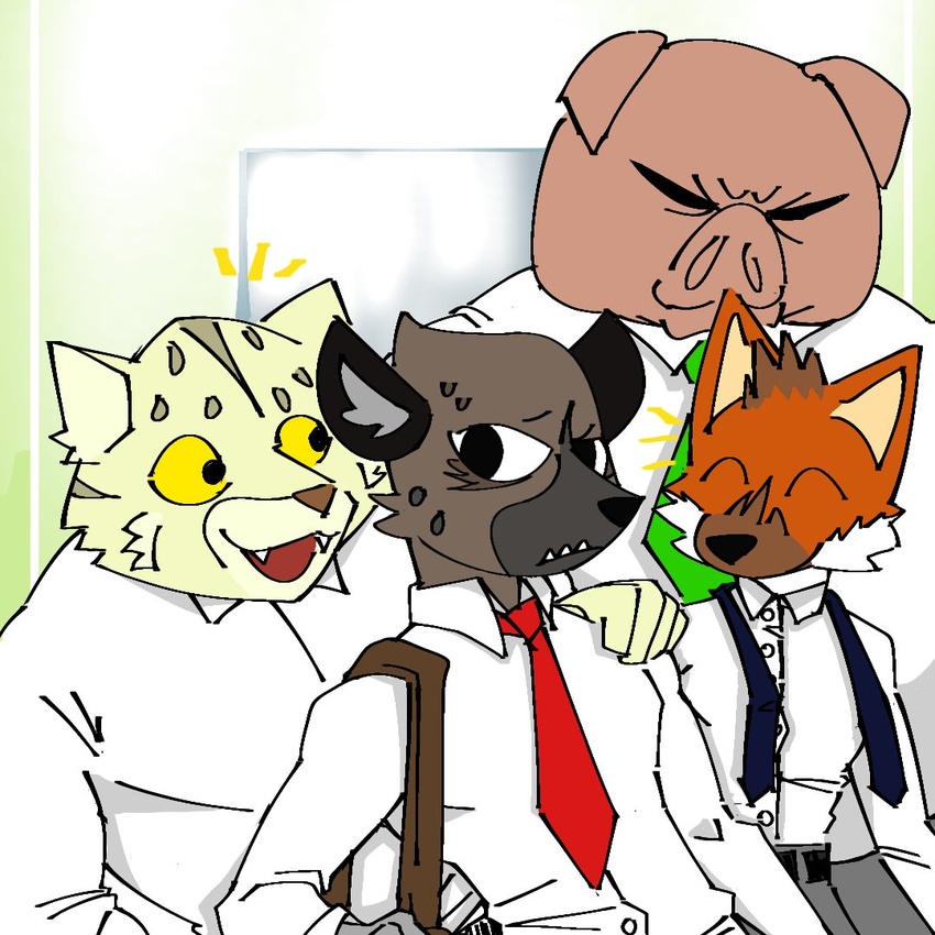 1:1 aggretsuko anthro bovid brown_body brown_fur canid canine closed_eyes clothing colored director_ton domestic_pig dress_shirt felid feline fur group haida_(aggretsuko) happy hyena male mammal maned_wolf manumaru necktie netflix ookami_(aggretsuko) orange_body orange_fur pallas's_cat pb-art pink_body sanrio satchel shirt spotted_hyena suid suina sus_(pig) topwear yellow_eyes yellow_sclera