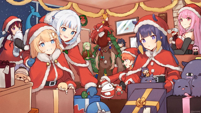 6+girls :d animal_costume belt bird blonde_hair blue_eyes blue_hair blunt_bangs box brown_hair bubba_(watson_amelia) canine capelet carrying ceres_fauna chibi chicken christmas christmas_tree commentary dual_persona fake_beard fake_facial_hair fake_mustache fins fish_tail fur-trimmed_headwear fur_trim gawr_gura gift gift_box green_hair grey_hair grin hakos_baelz hat heterochromia highres holocouncil hololive hololive_english holomyth indoors irys_(hololive) long_hair mittens mori_calliope multicolored_hair multiple_girls nanashi_mumei ninomae_ina'nis orange_hair orinte ouro_kronii pink_hair purple_eyes red_capelet red_eyes red_hair reindeer_costume santa_costume santa_hat shark_tail sharp_teeth shoulder_carry smile streaked_hair symbol-only_commentary tail takanashi_kiara takodachi_(ninomae_ina'nis) teeth tsukumo_sana twitter_username two-tone_hair virtual_youtuber watson_amelia window yagoo