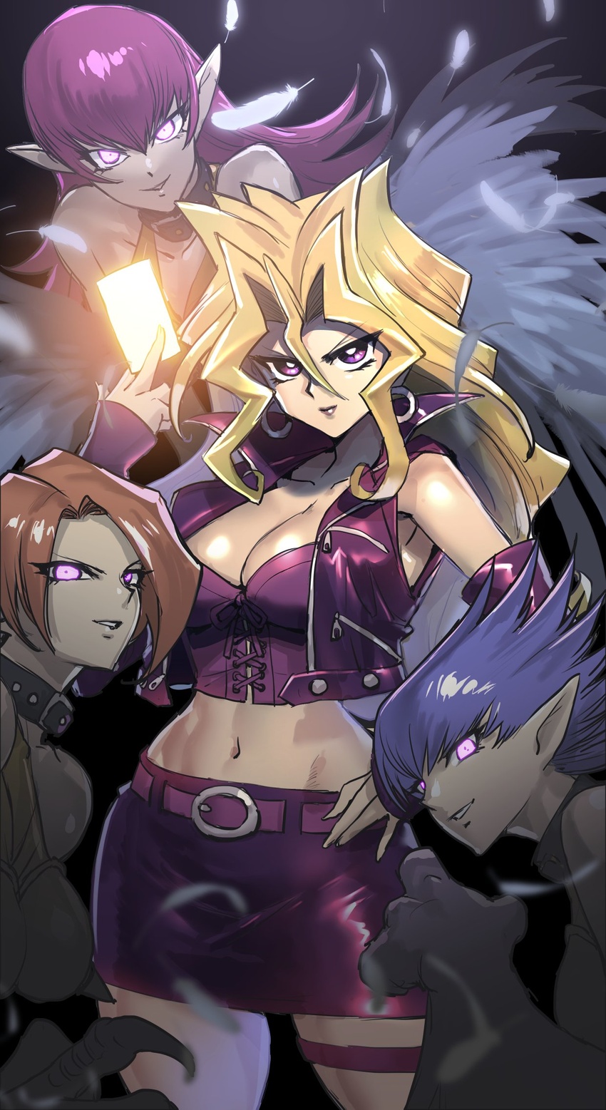 4girls between_fingers blonde_hair blue_hair breasts brown_hair choker claws cleavage corset crop_top cropped_jacket duel_monster earrings elbow_gloves falling_feathers feathers gloves glowing glowing_eyes hair_between_eyes hand_on_own_hip hand_up harpie_lady harpie_lady_1 harpie_lady_2 harpie_lady_3 harpie_lady_sisters harpy highres holding hoop_earrings jacket jewelry kisuu kujaku_mai large_breasts long_hair midriff monster_girl multiple_girls navel open_clothes open_jacket pink_eyes pointy_ears purple_eyes purple_hair short_hair standing thigh_strap winged_arms wings yu-gi-oh! yu-gi-oh!_duel_monsters