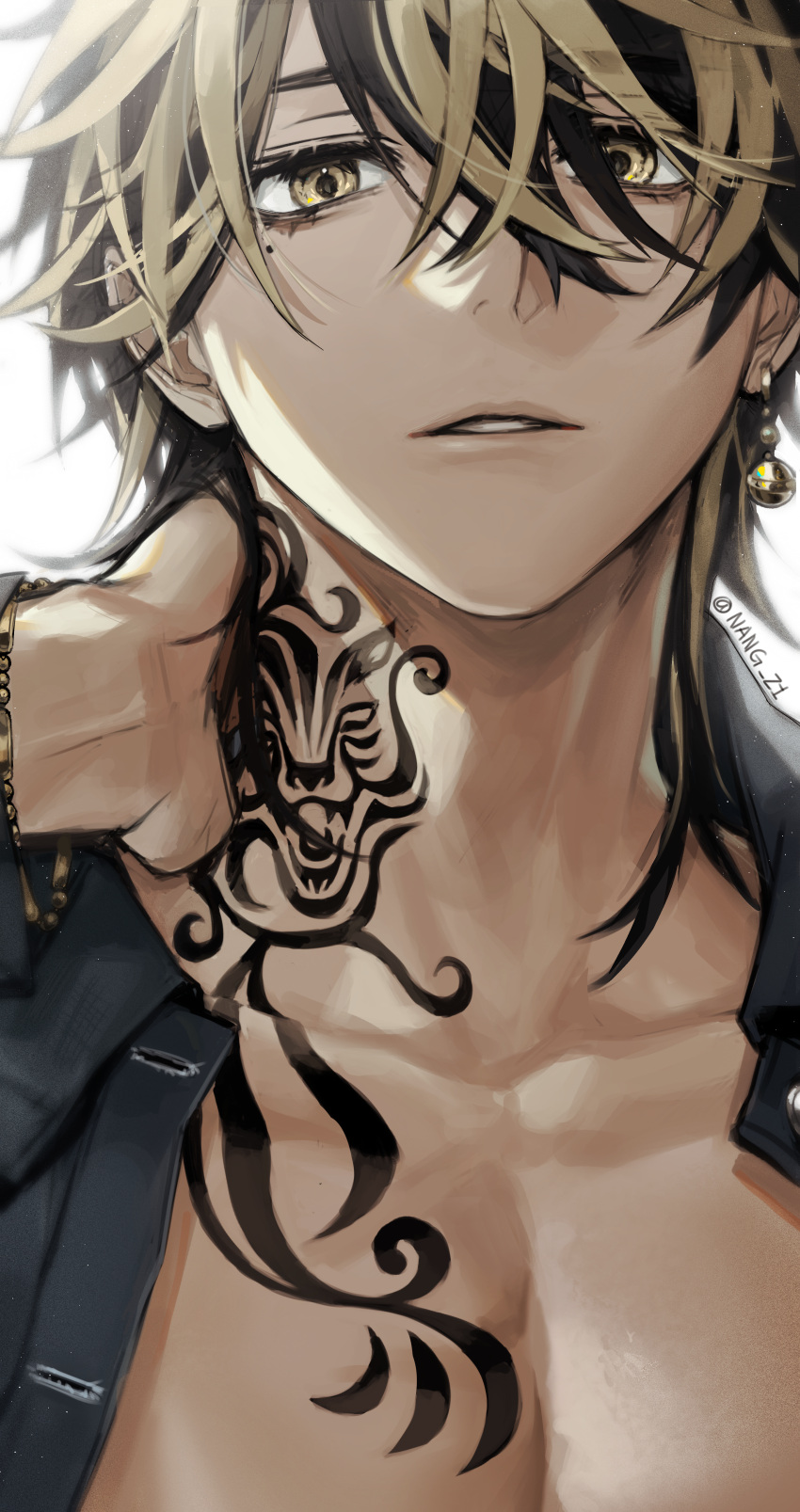 1boy absurdres earrings hair_between_eyes hand_on_own_neck hand_up hanemiya_kazutora highres jewelry looking_at_viewer male_focus mole mole_under_eye multicolored_hair nang_z1 neck_tattoo open_clothes open_shirt parted_lips single_earring solo tattoo tokyo_revengers