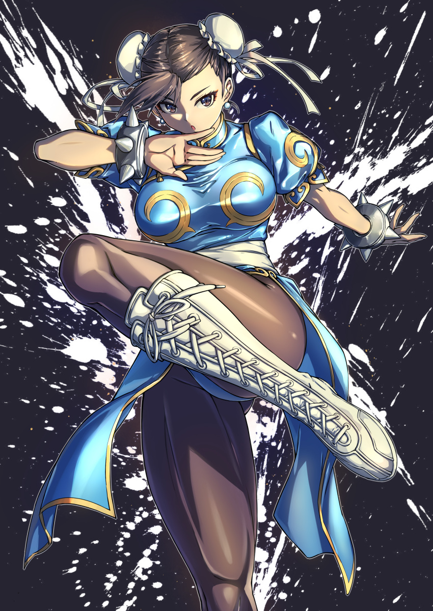 absurdres boots bracelet breasts brown_hair bun_cover chinese_clothes chun-li combat_boots cross-laced_footwear double_bun earrings eyeshadow female fighting_stance fish.boy hair_bun highres jewelry knee_boots lace-up_boots large_breasts leg_up makeup pantyhose pearl_earrings red_eyeshadow solo spiked_bracelet spikes street_fighter thick_thighs thighs white_footwear