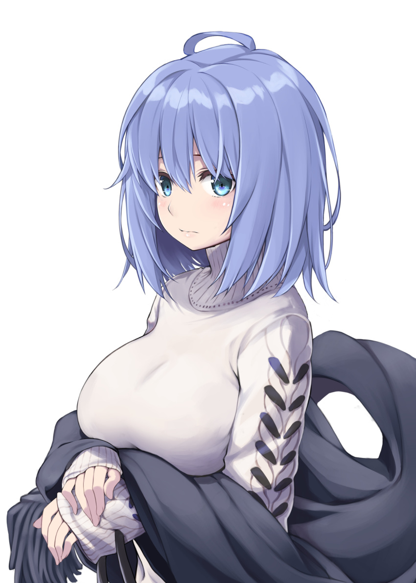 black_scarf blue_eyes blue_hair blush breasts closed_mouth female fringe_trim grey_sweater highres large_breasts long_sleeves original own_hands_together ribucci scarf short_hair simple_background sleeves_past_wrists solo sweater turtleneck turtleneck_sweater upper_body white_background