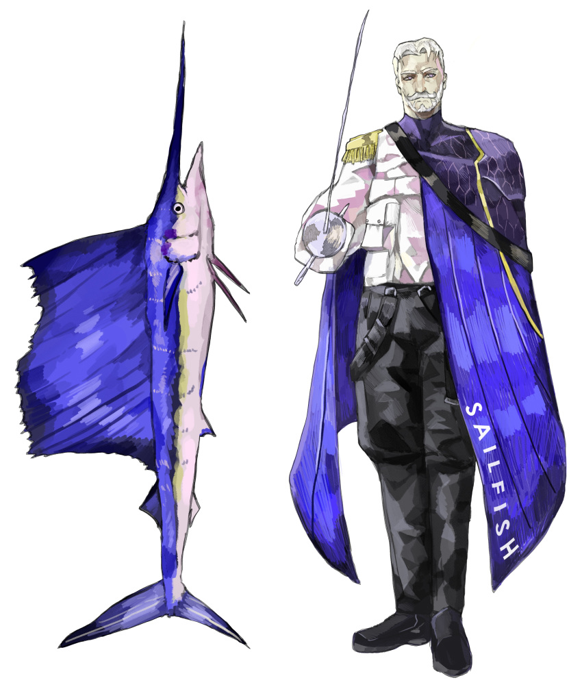 1boy absurdres animal blue_cape cape facial_hair fish grey_background highres holding holding_sword holding_weapon male_focus moustache old old_man original personification rapier sailfish simple_background solo standing subakeye sword turtleneck weapon white_hair