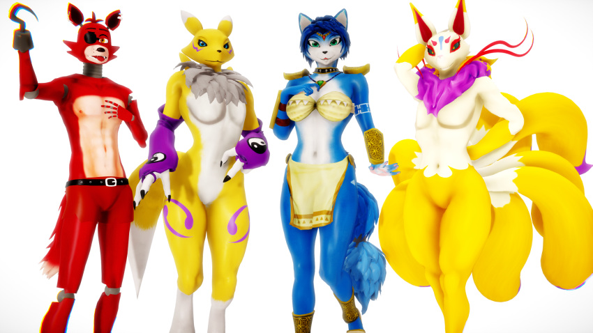 16:9 3d_(artwork) animatronic anthro asian_mythology bandai_namco black_sclera blue_body blue_eyes blue_fur blue_hair breasts canid canine clothing crossover digimon digimon_(species) digital_media_(artwork) east_asian_mythology eye_patch eyewear female five_nights_at_freddy's fox fox_spirit foxy_(fnaf) fur group hair hi_res hook krystal_(star_fox) kyubi_(yo-kai_watch) level-5 looking_at_viewer machine male malicekira mammal multi_tail mythology nintendo renamon robot rule_63 scottgames smile star_fox tail warfare_krystal warfare_machine warfare_renamon white_body white_fur widescreen yellow_body yellow_fur yo-kai_watch