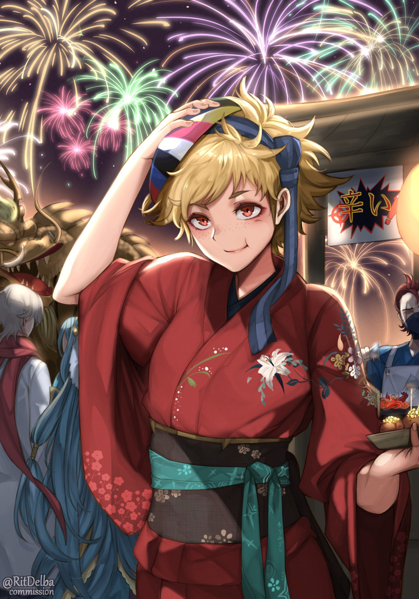 2boys 2girls absurdres aerial_fireworks aqua_hair azura_(fire_emblem) blonde_hair candy_apple commentary commission corrin_(fire_emblem) corrin_(male)_(fire_emblem) dragon eastern_dragon english_commentary festival fire_emblem fire_emblem_fates fireworks food freckles highres japanese_clothes kimono multiple_boys multiple_girls obi red_eyes red_hair red_kimono ritence saizo_(fire_emblem) sash scar scar_across_eye scar_on_face scarlet_(fire_emblem) short_hair smile solo_focus twitter_username white_hair wide_sleeves yukata