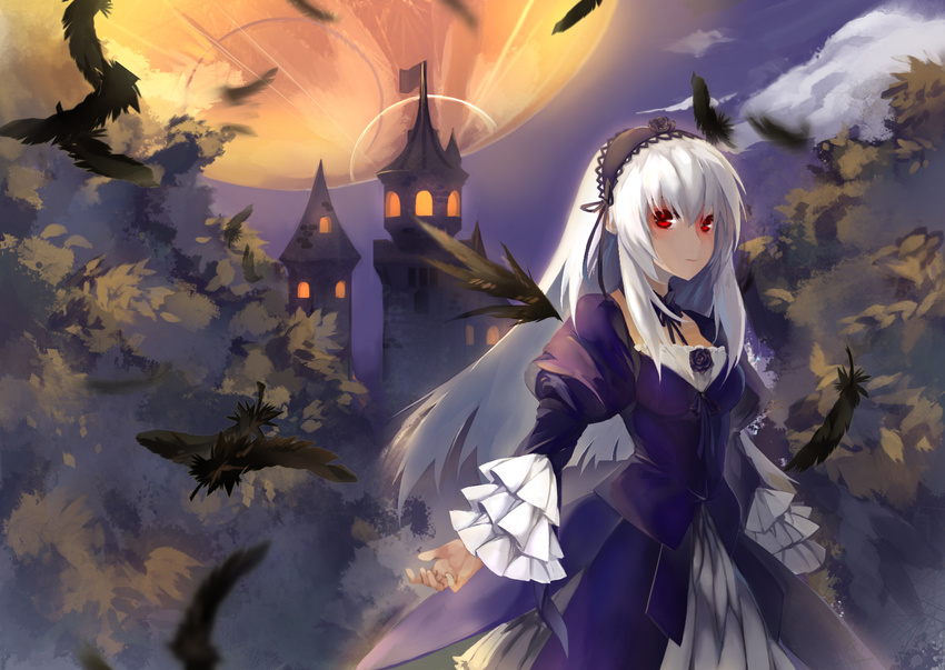 bird castle commentary_request crow dress female gothic_lolita highres lolita_fashion moon orokanahime photoshop_(medium) red_eyes rozen_maiden solo suigintou white_hair