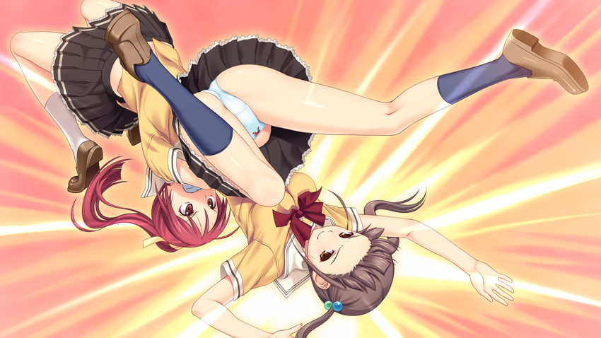 2girls brown_eyes brown_hair game_cg german_suplex highres koigakubo_chihaya koutaro long_hair multiple_girls ponytail red_hair short_hair suplex suzukaze_hotaru tropical_kiss tropical_vacation twinkle_(company) twinkle_soft