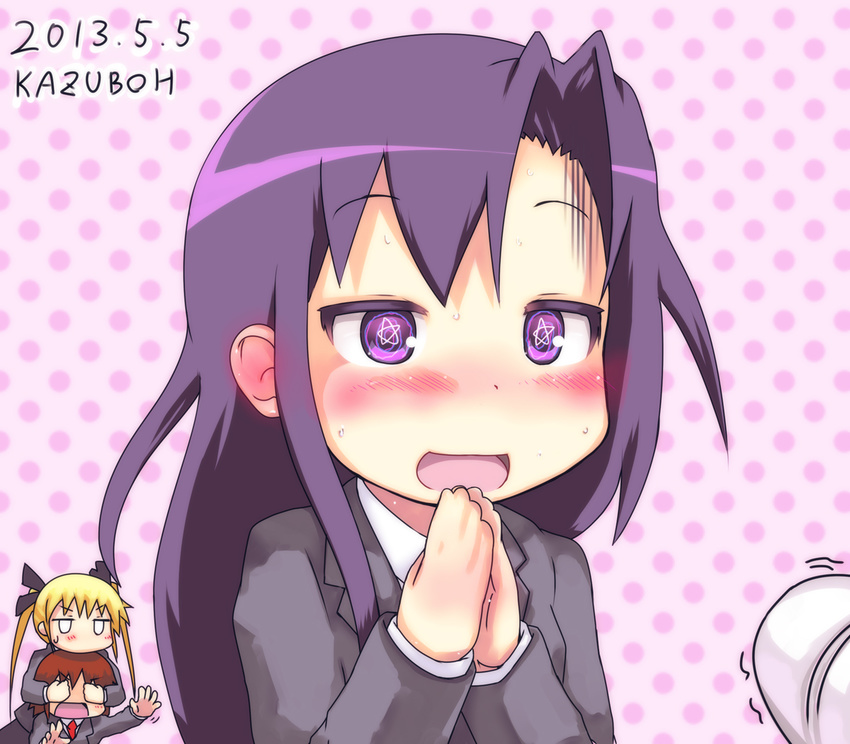 3girls bad_id bad_pixiv_id blonde_hair blush brown_hair commentary_request goshiki_agiri kazuboh kill_me_baby long_hair multiple_girls open_mouth oribe_yasuna photoshop_(medium) purple_eyes purple_hair rensei school_uniform smile sonya_(kill_me_baby) star-shaped_pupils star_(symbol) symbol-shaped_pupils