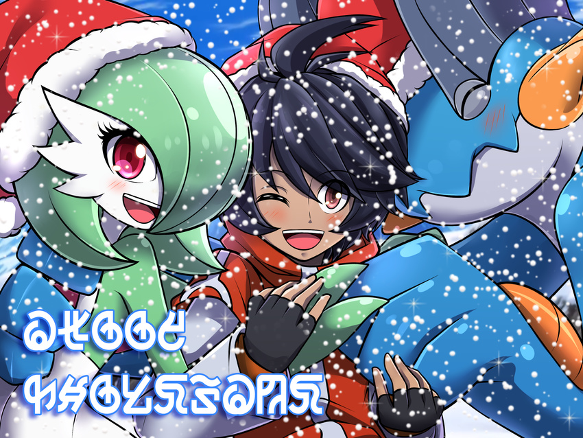 "squirtle"_(swampert) 4:3 absurd_res ambiguous_gender brown_eyes casey_(mgx0) christmas clothing gardevoir generation_3_pokemon group hi_res holidays human male mammal mgx0 nintendo outside pokemon pokemon_(species) red_eyes snow swampert yuno_(gardevoir)