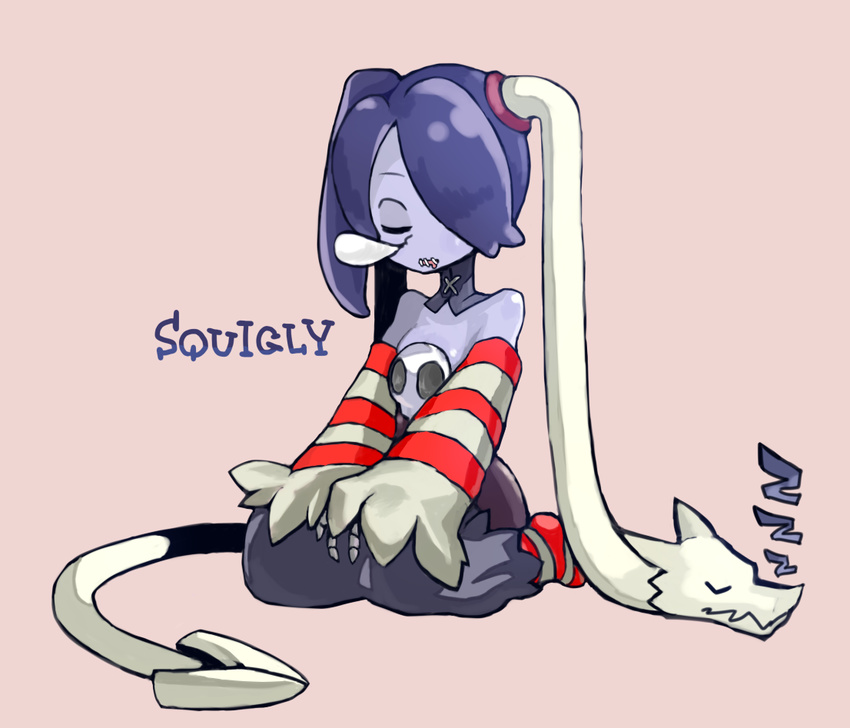 bare_shoulders blue_skin detached_collar detached_sleeves female hair_over_one_eye leviathan_(skullgirls) side_ponytail sitting skullgirls sleeping squigly_(skullgirls) stitched_mouth stitches striped_legwear striped_sleeves thighhighs yeti_(mu_kaiten) zombie zombie_girl