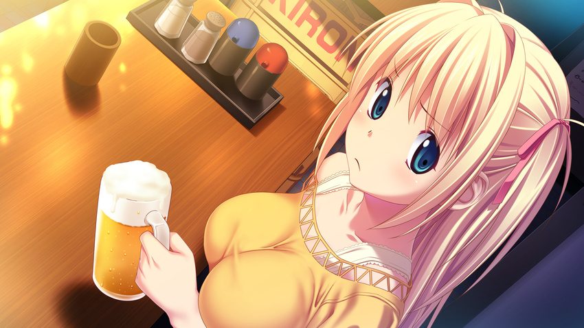 alcohol beer blonde_hair blue_eyes female game_cg highres kagurazaka_namine koutaro long_hair mug open_mouth tropical_kiss tropical_vacation twinkle_(company) twinkle_soft