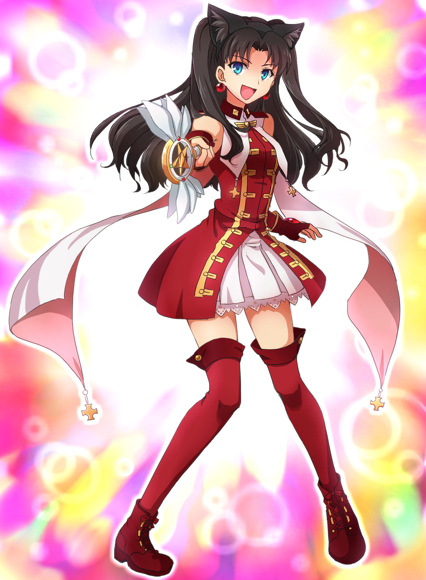 black_hair blue_eyes brown_hair commentary_request fate/kaleid_liner_prisma_illya fate/stay_night fate_(series) female hair_ribbon hanjuku_tomato highres kaleido_ruby kaleidostick long_hair long_legs magical_girl magical_ruby red_thighhighs ribbon solo thighhighs tohsaka_rin two_side_up wand zettai_ryouiki