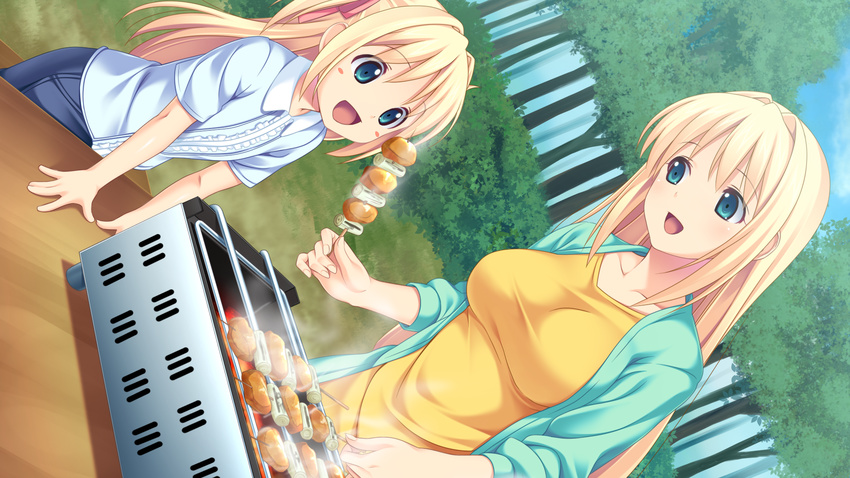 2girls blonde_hair blue_eyes character_request food game_cg grill highres kagurazaka_namine koutaro long_hair multiple_girls open_mouth tropical_kiss tropical_vacation twinkle_(company) twinkle_soft