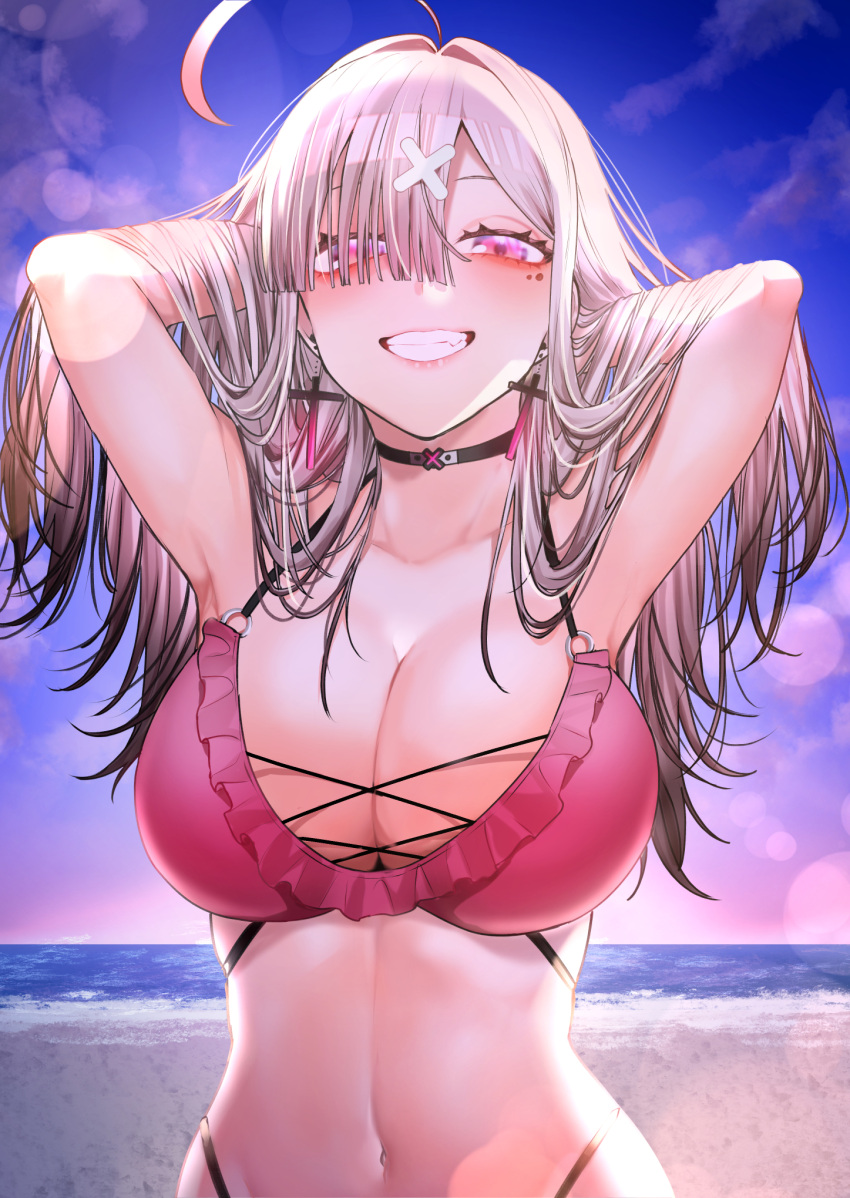 ahoge armpits arms_behind_head beach bikini breasts choker cleavage cross cross_earrings earrings female gomo grey_hair grin hair_ornament hair_over_one_eye highres jewelry large_breasts long_hair navel nijisanji outdoors pink_bikini pink_eyes sand smile solo stomach sukoya_kana sunset swimsuit upper_body virtual_youtuber water x_hair_ornament