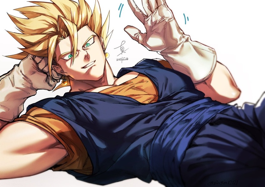 1boy blue_eyes commentary dated dougi dragon_ball dragon_ball_z earrings gloves grin jewelry looking_at_viewer male_focus muscular muscular_male pectorals potara_earrings shin_(sinsin12121) signature simple_background smile solo spiked_hair super_saiyan super_saiyan_1 vegetto waving white_background white_gloves