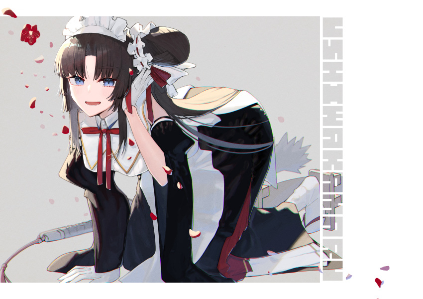 absurdres all_fours alternate_costume apron asymmetrical_sleeves black_dress black_hair blue_eyes braid breasts character_name collared_shirt commentary_request detached_sleeves dress english_text enmaided falling_flower falling_petals fate/grand_order fate_(series) female frills geta gloves grey_background highres katana long_hair long_sleeves looking_at_viewer maid maid_apron maid_headdress o_mochi_(usami31mi) open_mouth petals puffy_long_sleeves puffy_short_sleeves puffy_sleeves red_ribbon ribbon sheath sheathed shirt short_sleeves side_ponytail simple_background smile socks solo sword tassel ushiwakamaru_(fate) very_long_hair weapon white_apron white_background white_gloves white_socks