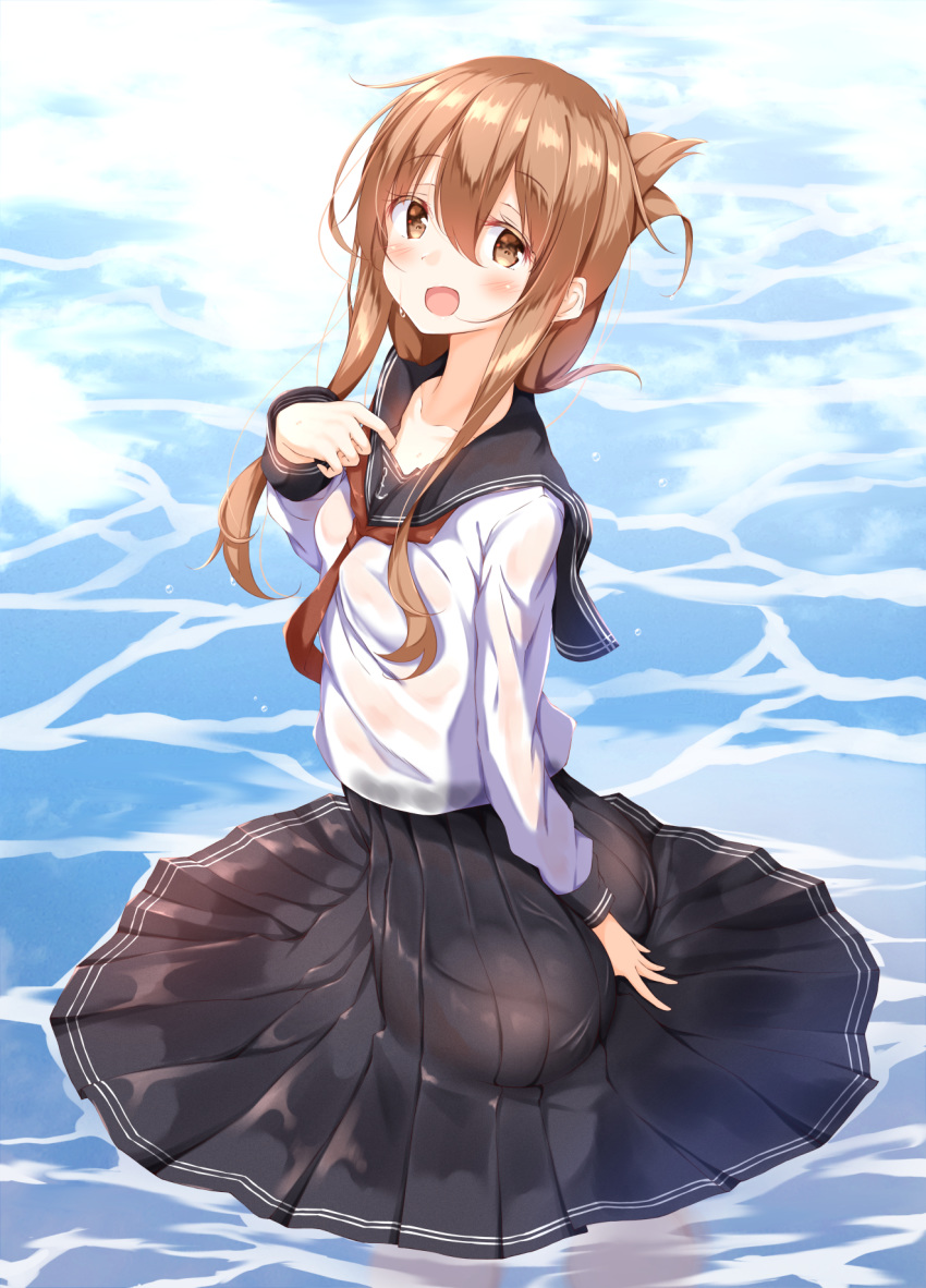 :d ass bad_anatomy bad_ass bad_id bad_nicoseiga_id black_sailor_collar black_skirt blush brown_eyes brown_hair circle_skirt commentary_request female folded_ponytail from_side hair_between_eyes highres inazuma_(kancolle) kantai_collection long_hair long_neck long_sleeves neckerchief numpopo open_mouth partially_submerged pleated_skirt red_neckerchief sailor_collar school_uniform serafuku skirt smile solo water